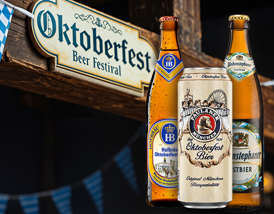 Oktoberferst öl. Vi rekommenderar 3 festbier: Paulaner Oktoberfestbier, Hofbräu Oktoberfestbier och Weihenstephaner Festbier
